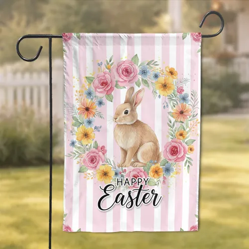 Fluffy Brown Rabbit Pink Rose Yellow Wildflower Easter Wreath - Home Decor Gift Garden Flag