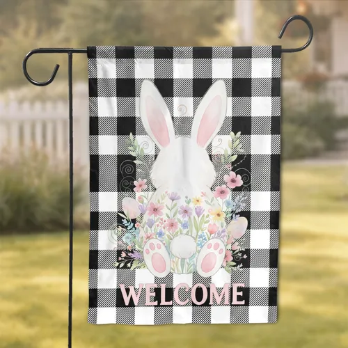 Easter Bunny Fluffy Ears Spring Wildflower Welcome Buffalo Plaid Home Decor Gift Garden Flag