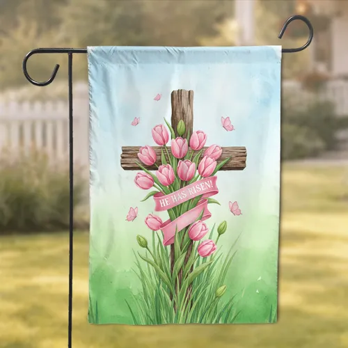 He Has Risen Cross Pink Tulips Easter Celebration Christian Gift Garden Flag