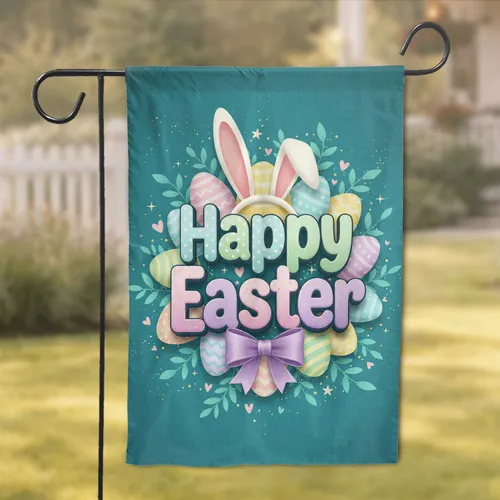 Happy Easter Lettering Bunny Ears Pastel Eggs Purple Bow - Easter Holiday Decor Garden Flag