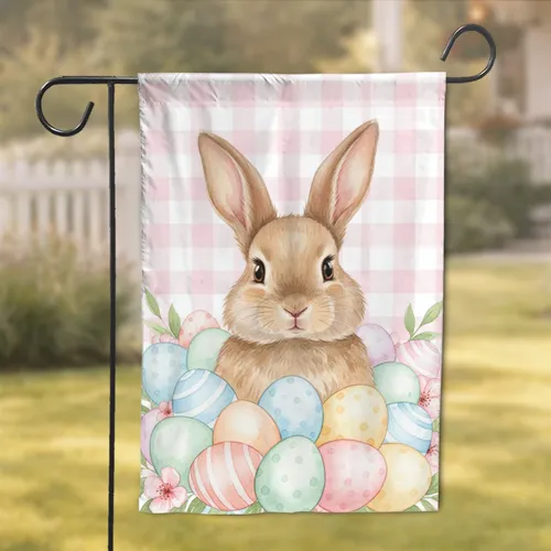Fluffy Brown Bunny Pastel Easter Eggs Spring Foliage - Easter Home Decor Gift Garden Flag
