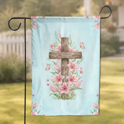 Weathered Wooden Cross Abundant Pink Flowers Delicate Butterflies - Spiritual Home Decor Gift Garden Flag