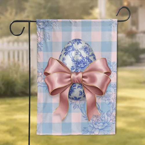 Chinoiserie Porcelain Easter Egg Peonies Cherry Blossoms Satin Bow - Easter Home Decor Gift Garden Flag