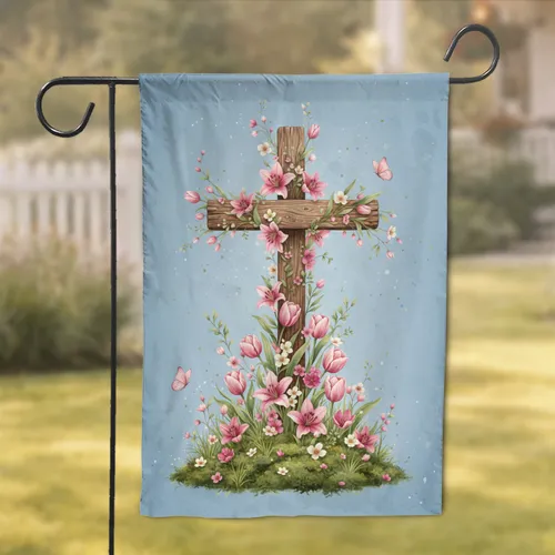 Floral Christian Cross Spring Flowers Butterflies - Faith Home Decor Gift Garden Flag