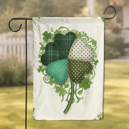 Realistic Plaid Polka Dot Textured Braided Four-leaf Shamrock - Celtic Home Decor Gift Garden Flag