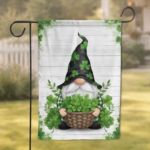 Plump Gnome Shamrock Basket St. Patrick's Day - Rustic Home Decor for Gnome Lovers Garden Flag