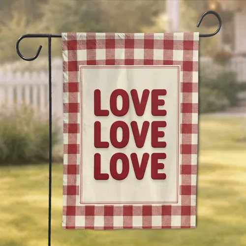 Love Love Love Text Gingham Check Border - Farmhouse Home Decor Gift Garden Flag