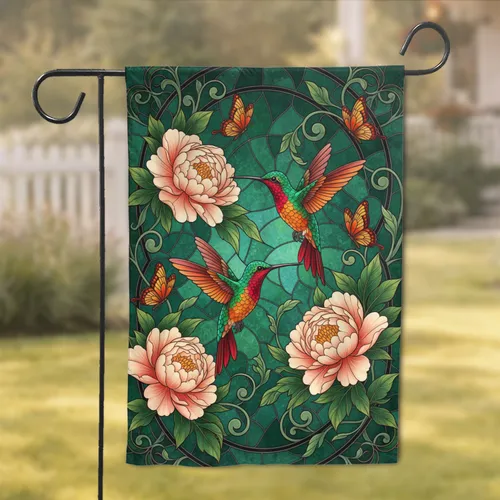 Hummingbirds Peony Flowers Butterflies Stained Glass Wildlife Lover Home Decor Gift Garden Flag