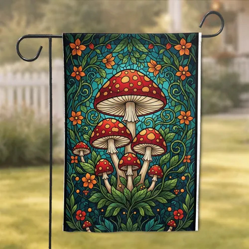 Stained Glass Forest Mushroom Foliage - Nature Lover Home Decor Gift Garden Flag