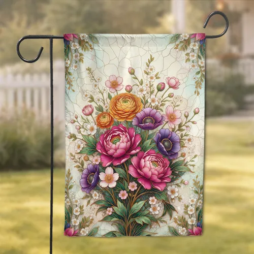 Magenta Peonies Golden Ranunculus Poppies Stained Glass Floral Home Decor Gift for Gardener Garden Flag