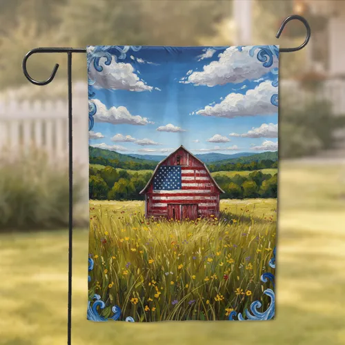 Rustic Weathered Red Barn American Flag - Independence Day Farmhouse Home Decor Garden Flag