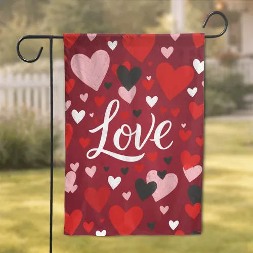 Flowing White Love Word Textured Scattered Hearts Crimson Red Background - Home Decor Gift Garden Flag