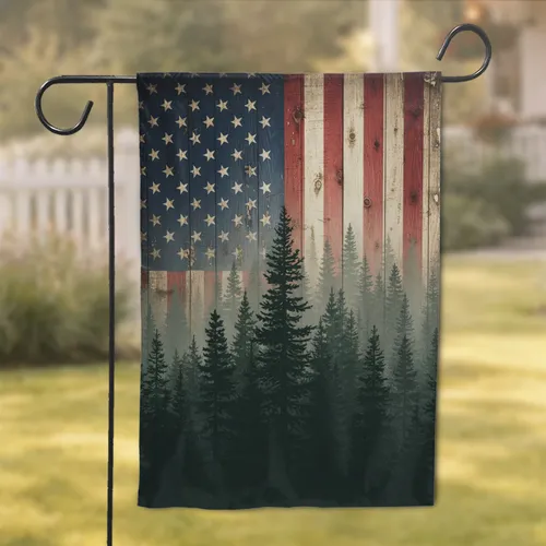 Silhouetted Pine Forest Weathered American Flag - Home Decor Gift for Wildlife Lovers Garden Flag