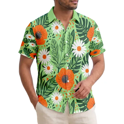 Daisy Bloom Poppy Flower Tropical Foliage Broad Leaves Slender Stalks - Summer Vacation Gift Hawaiian Shirt