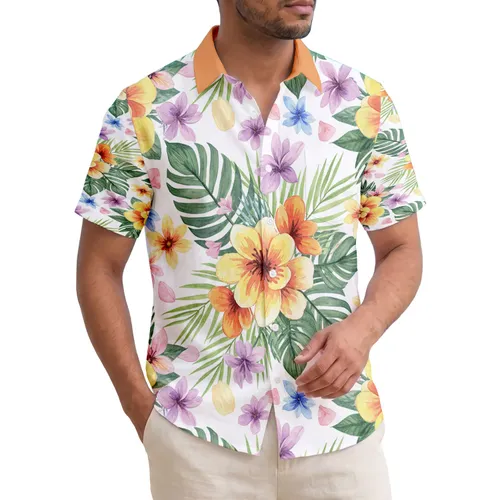 Orange Yellow Lavender Star Flowers Green Tropical Leaves - Tropical Lifestyle Gift Hawaiian Shirt