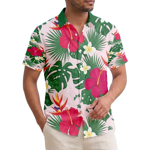 Red Hibiscus Frangipani Heliconia Monstera Palm Leaves Tropical Foliage Home Decor Gift Hawaiian Shirt