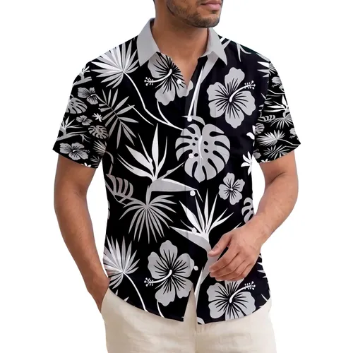 Black White Tropical Monstera Palm Hibiscus Flowers - Tropical Home Decor Gift Hawaiian Shirt