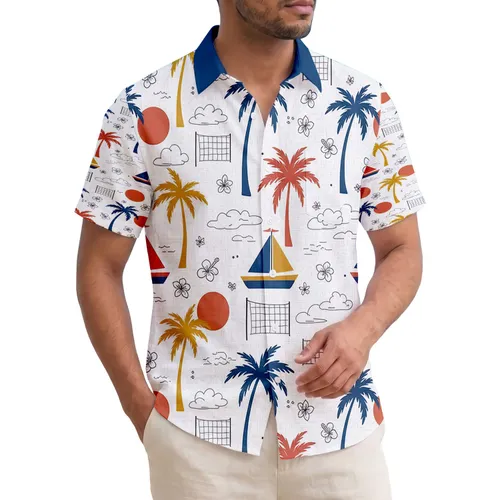 Tropical Palm Tree Sailing Boat Volleyball Net Sun Palm Frond - Vacation Lifestyle Gift Hawaiian Shirt