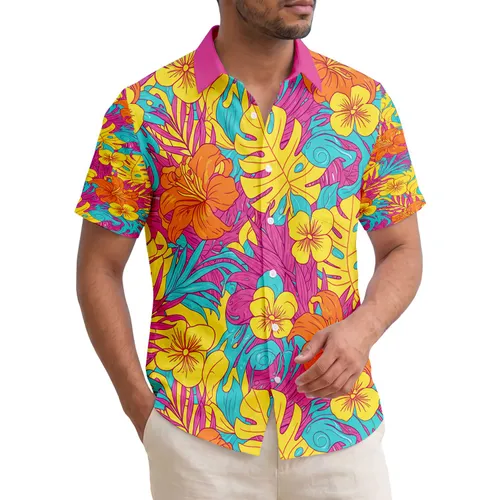 Orange Lilies Yellow Monstera Yellow Pansy Palm Fronds - Tropical Lifestyle Home Decor Hawaiian Shirt