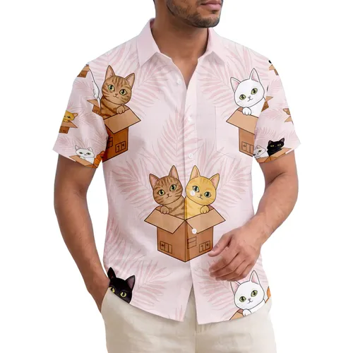 Domestic Cats Peeking Open Cardboard Boxes Tropical Palm Leaves - Cat Lover Home Decor Gift Hawaiian Shirt