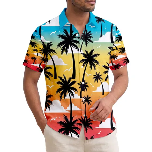 Dense Tropical Palm Tree Forest Fluffy Clouds Sunset Seagulls - Vacation Gift Hawaiian Shirt