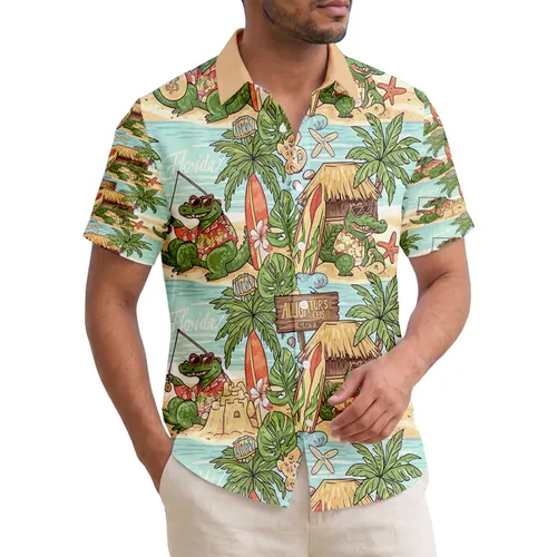 Playful Cartoon Alligators Tropical Beach Huts Surfboards - Florida Vacation Lover Gift Hawaiian Shirt