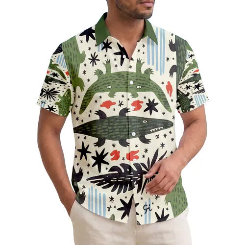 Crocodile Hibiscus Palm Frond Red Splash Stars - Tropical Island Getaway Gift for Traveler Hawaiian Shirt