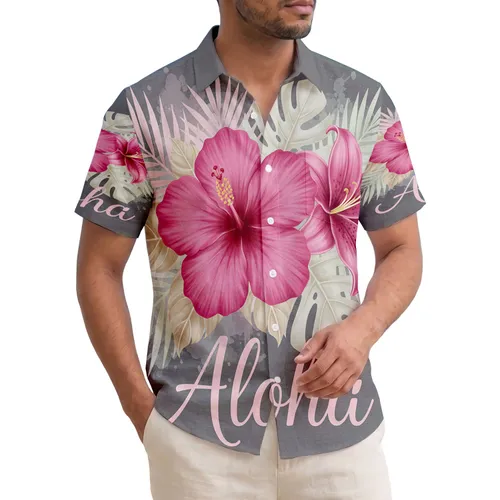 Fuchsia Hibiscus Lily Flowers Aloha Script Tropical Leaves - Home Decor Gift Hawaiian Shirt