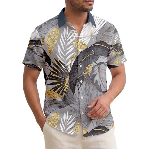 Tropical Foliage Banana Palm Fronds Golden Organic Shapes - Travel Essentials Hawaiian Shirt