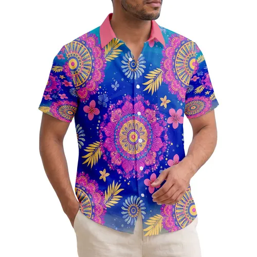 Tropical Circular Mandala Floral Sunburst Plumeria Palm Frond - Boho Lifestyle Gift Hawaiian Shirt