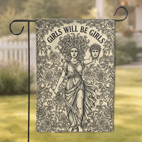 Defiant Medusa Snake Hair Perseus Head 'Girls Will Be Girls' Roses - Empowerment Home Decor Gift Garden Flag