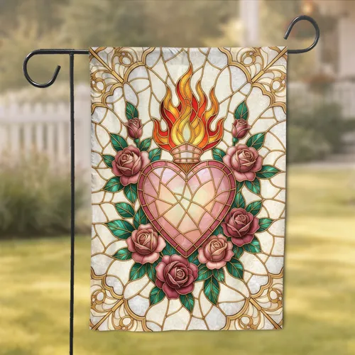 Sacred Heart Stained Glass Luminous Flames Roses - Home Decor Gift Garden Flag