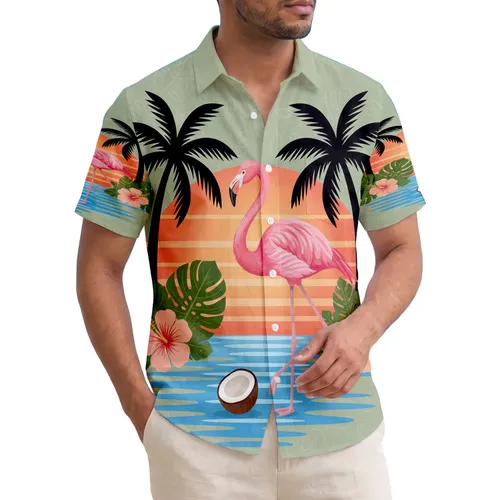 Pink Flamingo Sunset Palm Trees Hibiscus Coconut - Tropical Home Decor Gift Hawaiian Shirt