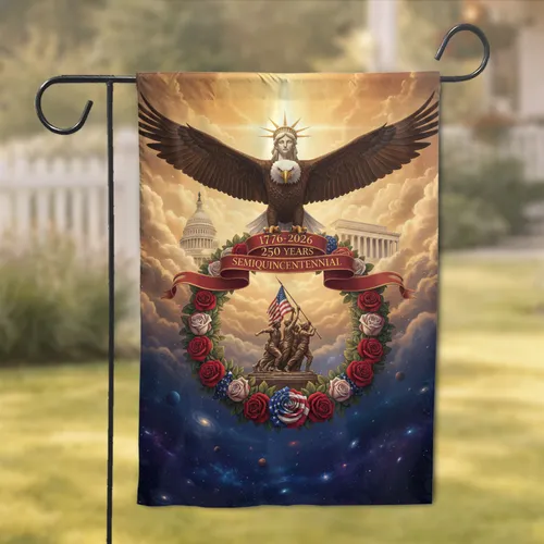 Bald Eagle Statue of Liberty Flag Raising - USA 250th Anniversary for Veterans Garden Flag