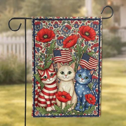 Red White Blue Cats American Flag Poppies Independence Day Gift for Cat Lovers Garden Flag