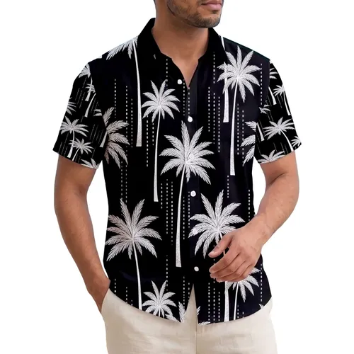 Black White Grey Palm Trees Textured Fronds White Dots - Everyday Home Decor Gift Hawaiian Shirt