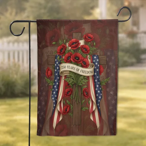 Cross Poppies American Flag - USA 250th Anniversary Gift for Veterans Garden Flag