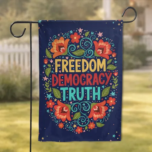 Freedom Democracy Truth Folk Floral Swirling Vines Stars Hearts - Civic Rights Decor Garden Flag