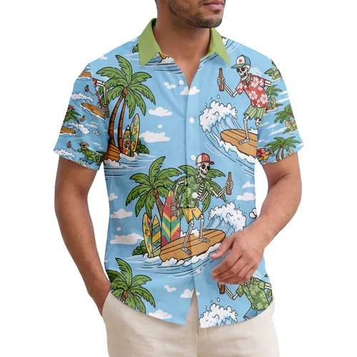 Skeletons Wearing Hawaiian Shirts Surfing Ocean Waves with Palm Trees - Tropical Vacation Gift