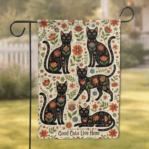 Black Cats Folk Art Floral 'Good Cats Live Here' - Home Decor Gift for Cat Lover Garden Flag