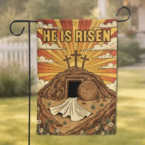He Is Risen Open Tomb Crosses Scene - Easter Holiday Home Decor Gift Garden Flag