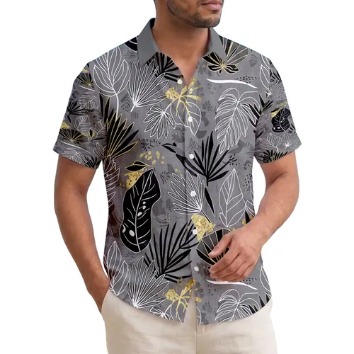 Tropical Broad Leaves Slender Palm Fronds Gold Accents White Line Art - Home Decor Gift Hawaiian Shirt