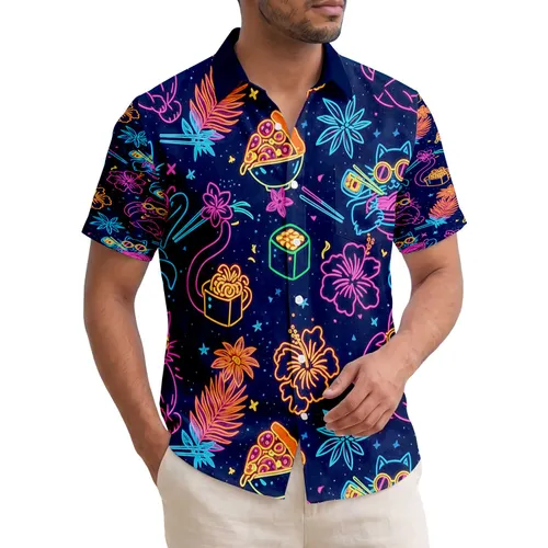 Neon Outline Cats Pizza Ramen Sushi Tropical Hibiscus Palm - Cat Lover Gift Hawaiian Shirt