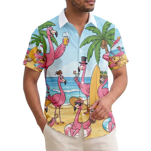 Cartoon Pink Flamingos Beach Vacation - Summer Getaway Gift for Flamingo Lover Hawaiian Shirt