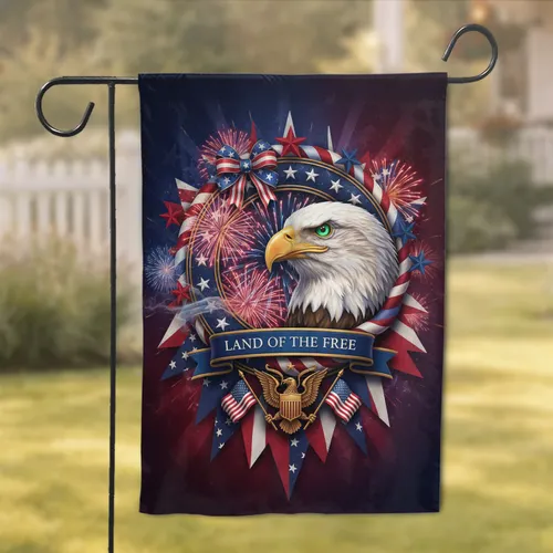 Bald Eagle American Flag Patriotic Wreath - Land of the Free Independence Day Gift Garden Flag