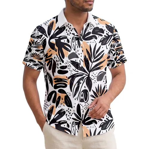 High Contrast All-Over Tropical Botanical Leaves Organic Shapes - Everyday Lifestyle Hawaiian Shirt