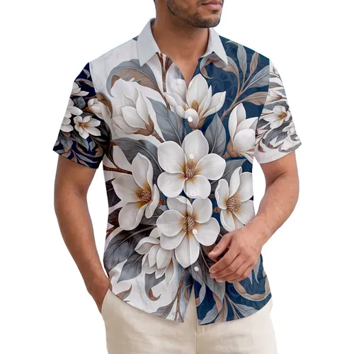 White Tropical Flowers Golden Stamens Bluish-Grey Leaves Deep Navy Blue - Home Decor Gift Hawaiian Shirt