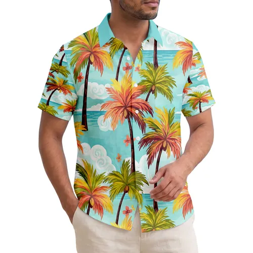 Lush Palm Trees Green Coral Fronds Tropical Sky Ocean Horizon - Island Getaway Vacation Gift Hawaiian Shirt