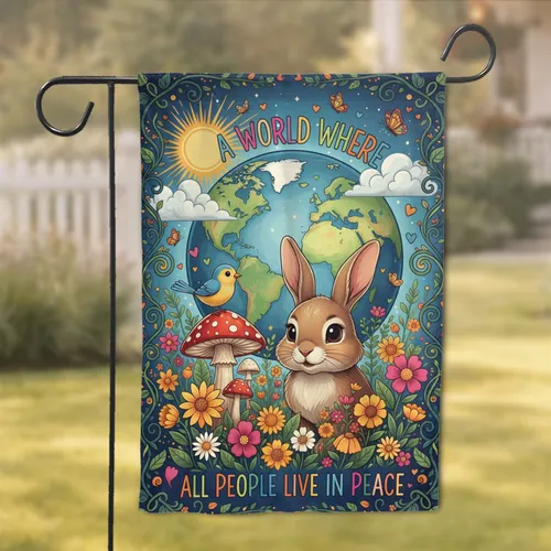 Earth Globe Rabbit Wildflowers - A World Where All People Live In Peace Home Decor Garden Flag