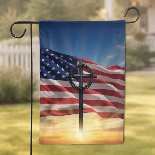 American Flag Cross Thorny Crown - Faith and Patriotism Home Decor Gift Garden Flag